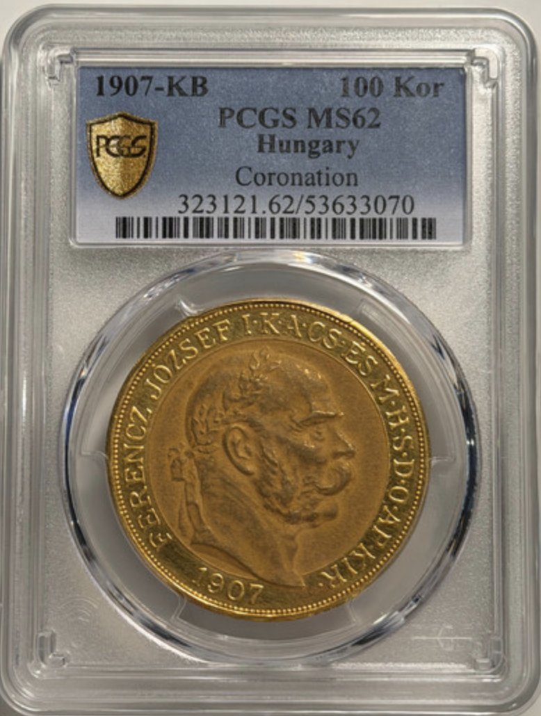 ハンガリー1907年100コロナ金貨PCGS MS62の画像