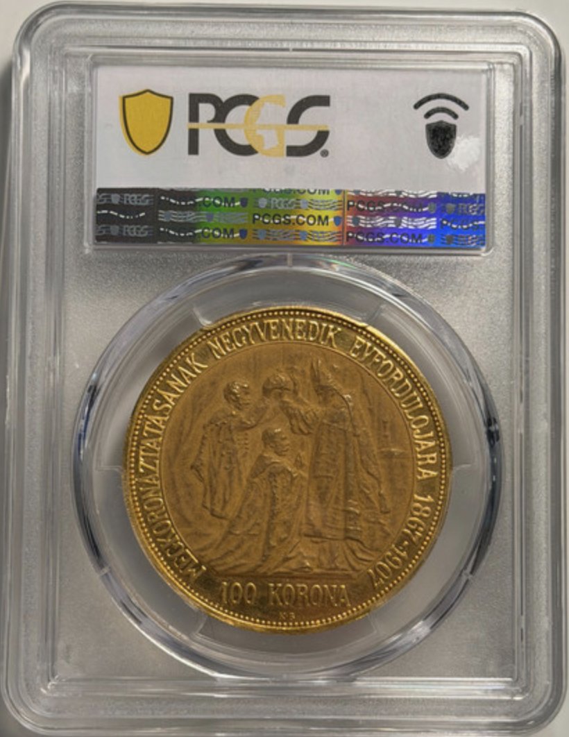 ハンガリー1907年100コロナ金貨PCGS MS62の画像