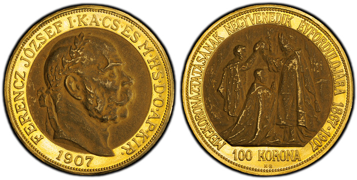 ハンガリー1907年100コロナ金貨PCGS MS62の画像