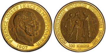 ハンガリー1907年100コロナ金貨PCGS MS62の画像