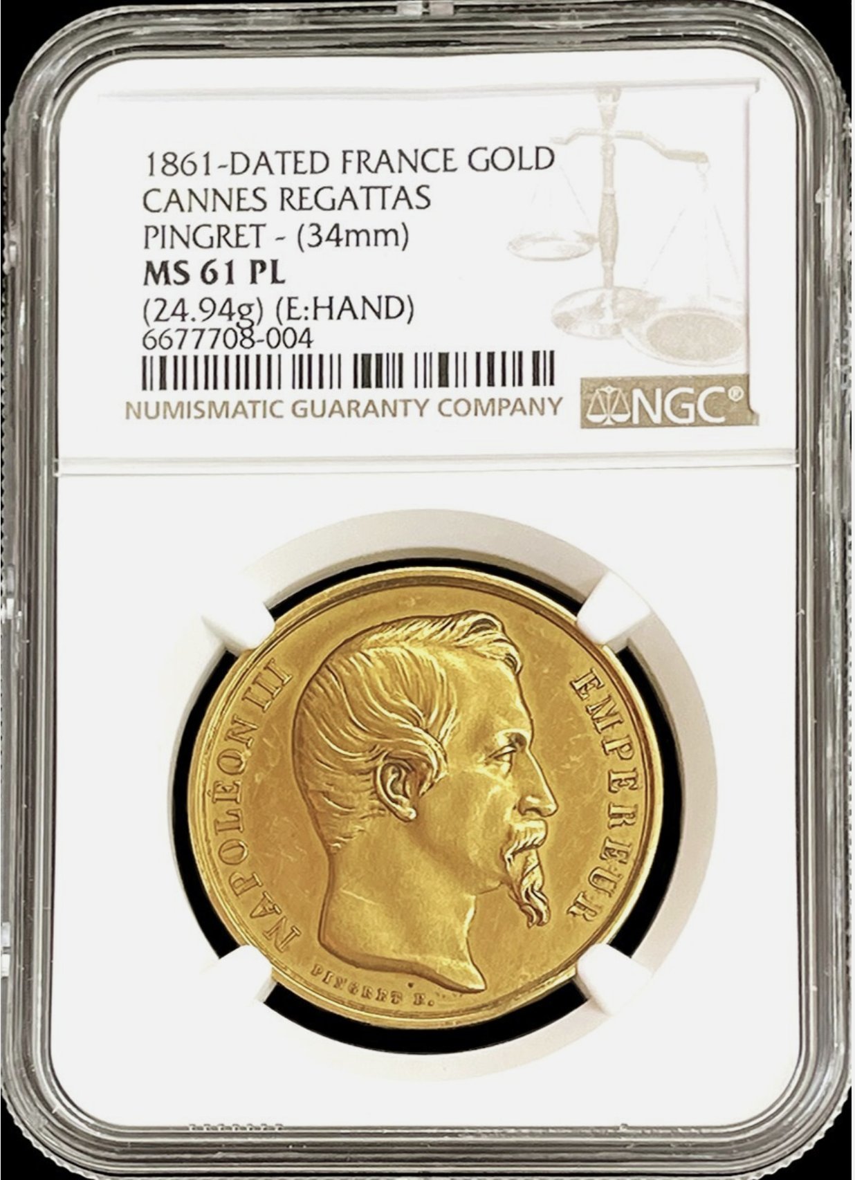 フランス1861年ナポレオン3世ゴールド メダル NGC MS61PLの画像