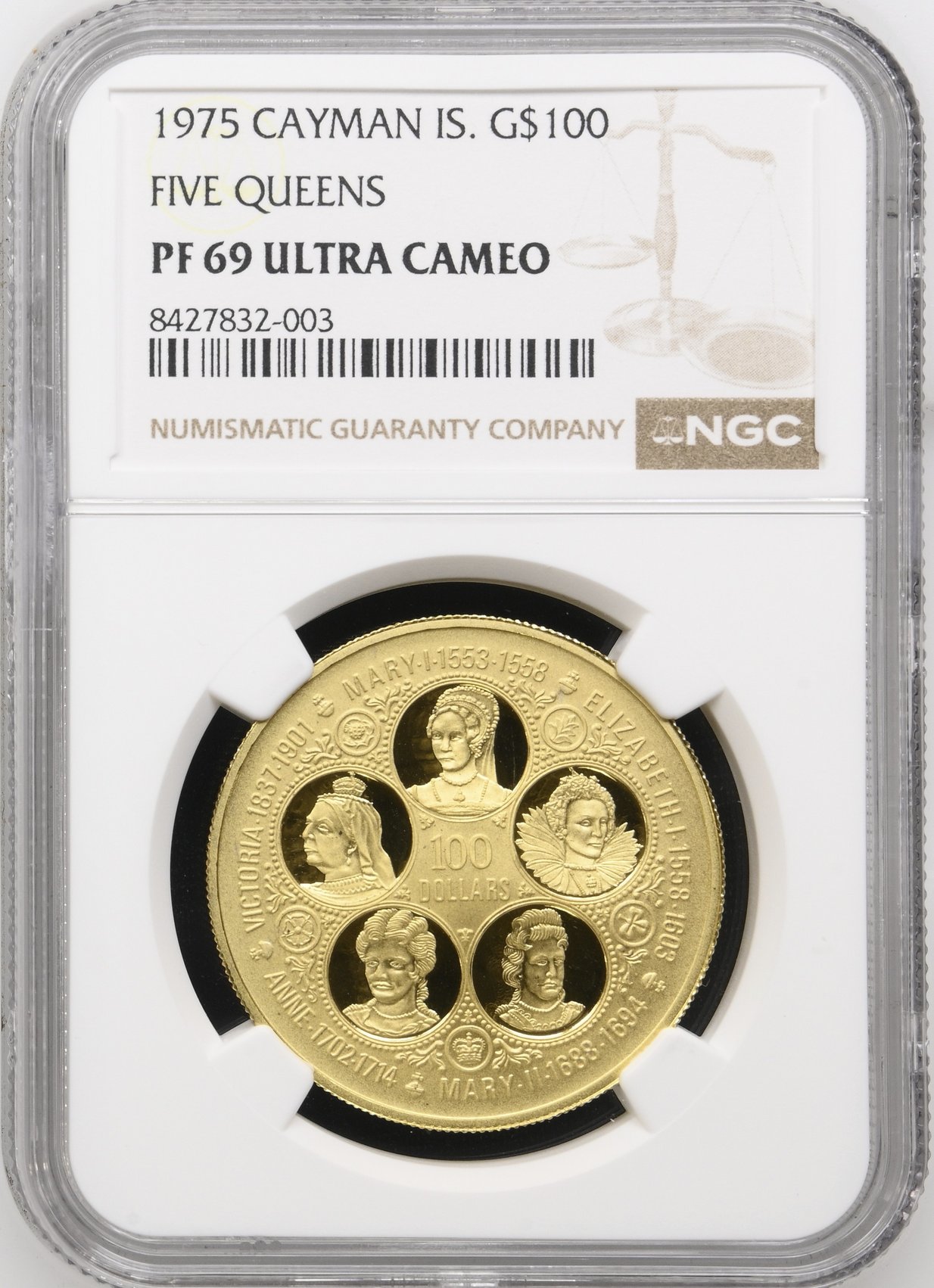 イギリス領ケイマン諸島1975年ファイブクイーンズ100ドル金貨 NGC PF69 UCAMの画像