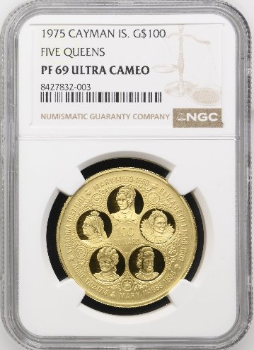 イギリス領ケイマン諸島1975年ファイブクイーンズ100ドル金貨 NGC PF69 UCAMの画像