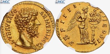 古代ローマ紀元163年ルキウス ウェルス　アウレウス金貨NGC MS 5/5 3/5の画像
