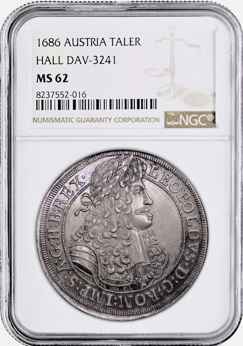 神聖ローマ帝国1686年レオポルト1世ターラー銀貨 NGC MS62の画像