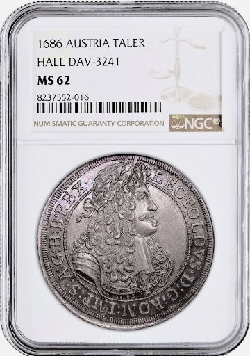 神聖ローマ帝国1686年レオポルト1世ターラー銀貨 NGC MS62の画像