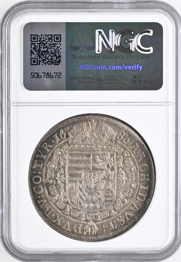 神聖ローマ帝国1686年レオポルト1世ターラー銀貨 NGC MS62の画像