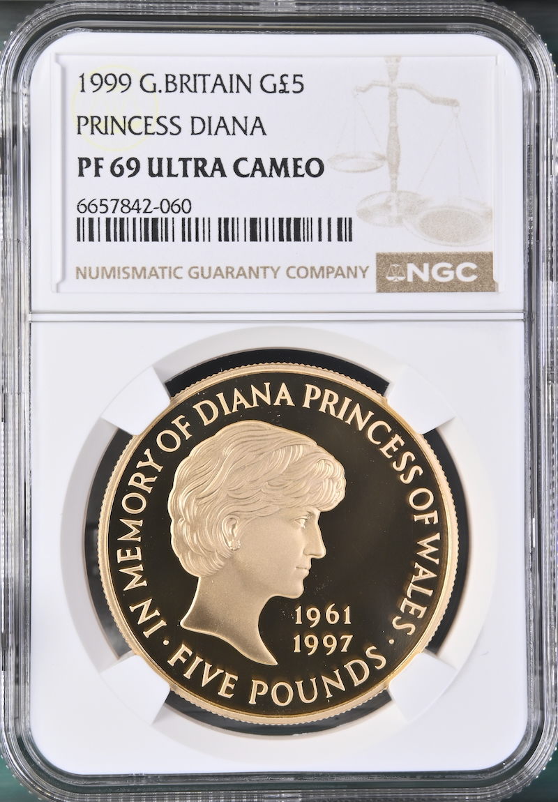 イギリス1999年ダイアナ5ポンド金貨銀貨セットNGC PF69UCAMの画像