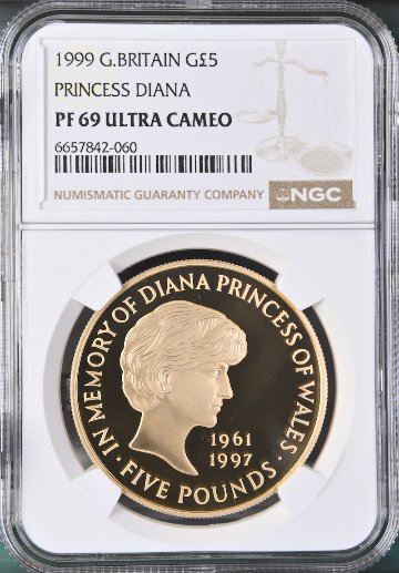 イギリス1999年ダイアナ5ポンド金貨銀貨セットNGC PF69UCAMの画像