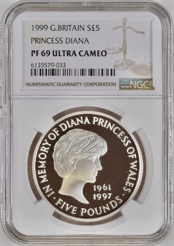 イギリス1999年ダイアナ5ポンド金貨銀貨セットNGC PF69UCAMの画像