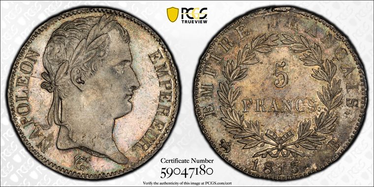 フランス1815年ナポレオン百日天下5フラン銀貨 PCGS MS62の画像