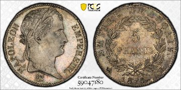 フランス1815年ナポレオン百日天下5フラン銀貨 PCGS MS62の画像