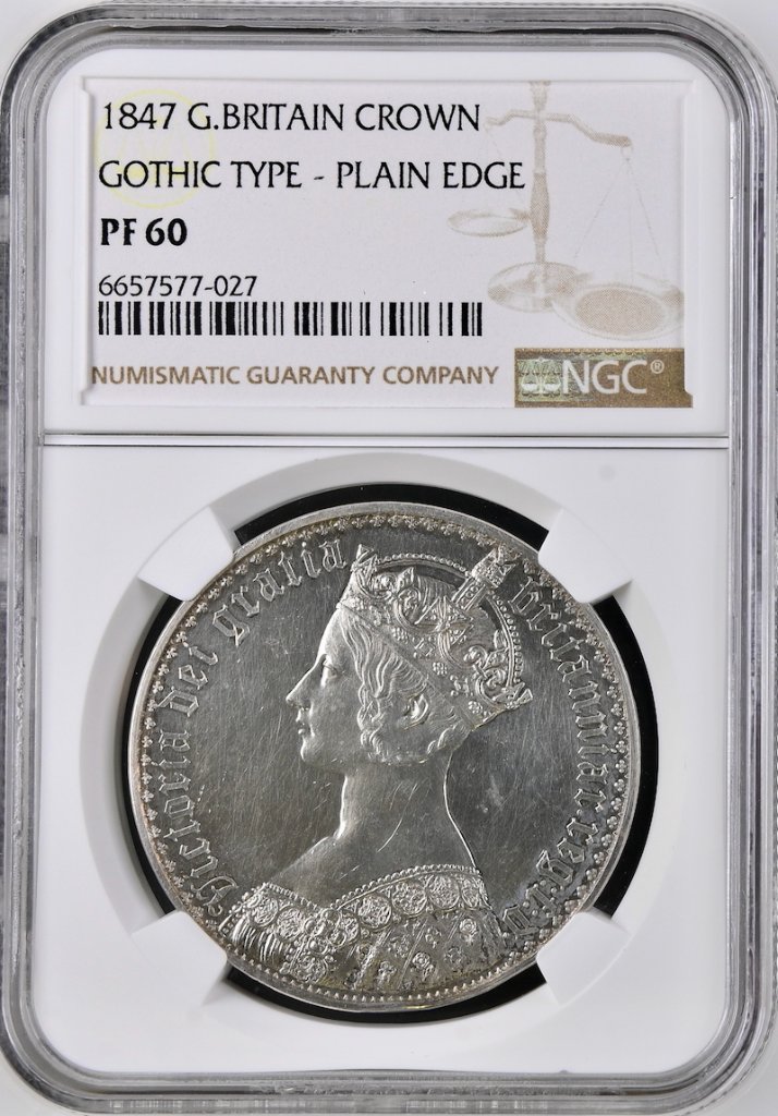 イギリス1847年ゴシッククラウン銀貨NGC PF60 プレーンエッジの画像