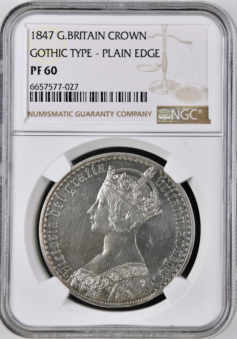 イギリス1847年ゴシッククラウン銀貨NGC PF60 プレーンエッジの画像