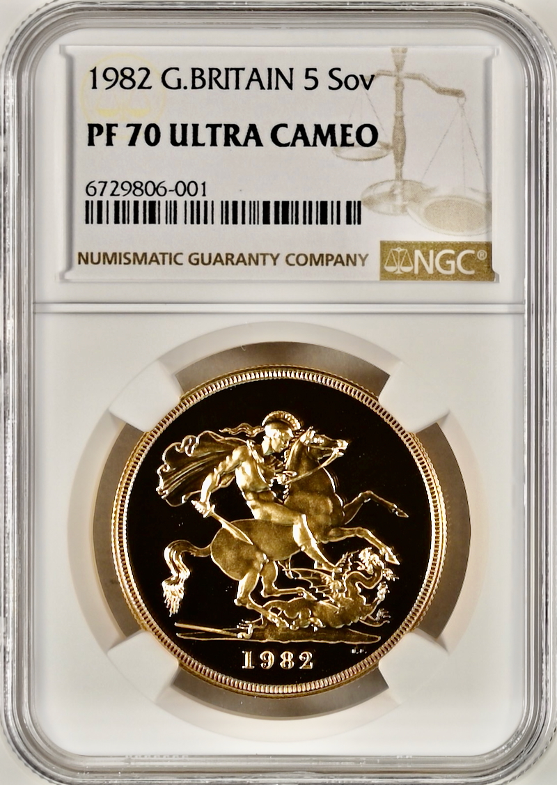 イギリス1982年エリザベス5ポンド金貨NGC PF70UCAMの画像