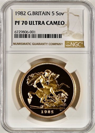 イギリス1982年エリザベス5ポンド金貨NGC PF70UCAMの画像