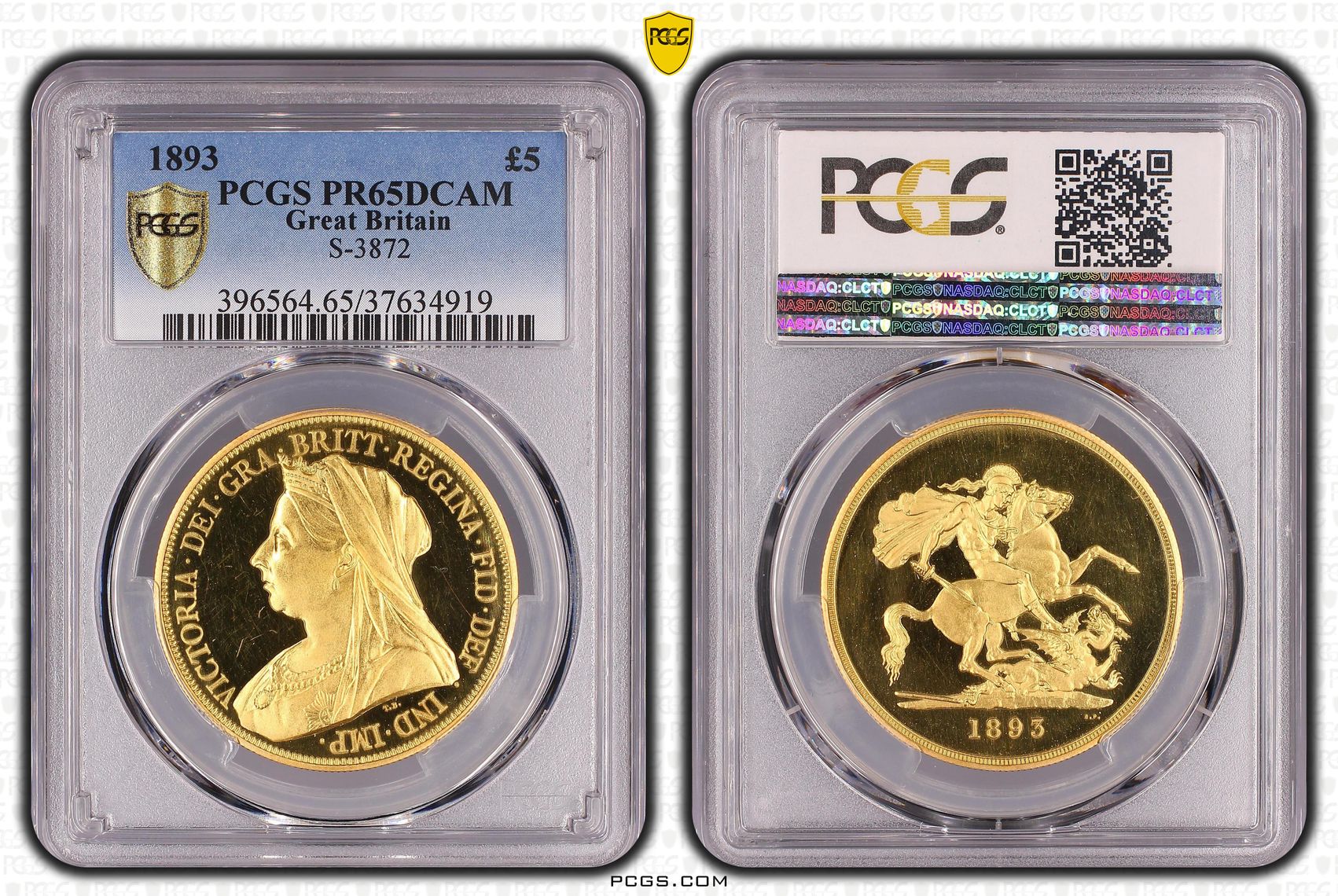イギリス1893年ヴィクトリア5ポンド金貨PCGS PR65DCAMの画像