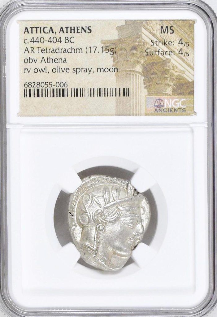 古代ギリシャアッティカアテネBC440テトラドラクマ銀貨フクロウNGC MS 4/4の画像