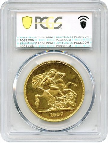 イギリス1937年ジョージ6世5ポンド金貨PCGS PR63の画像