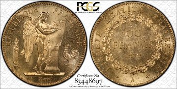 フランス1879年エンジェル100フラン金貨 PCGS MS64の画像