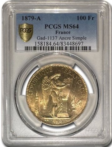フランス1879年エンジェル100フラン金貨 PCGS MS64の画像