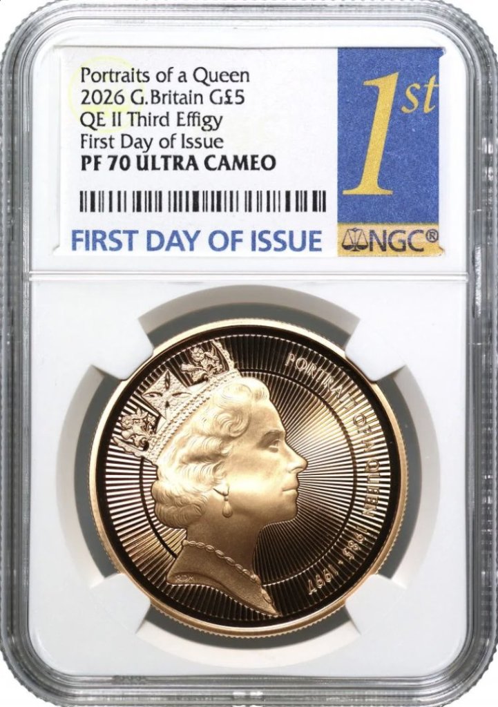 イギリス2026年ミドルエリザベス5ポンド金貨NGC PF70UCAM 初日発行の画像