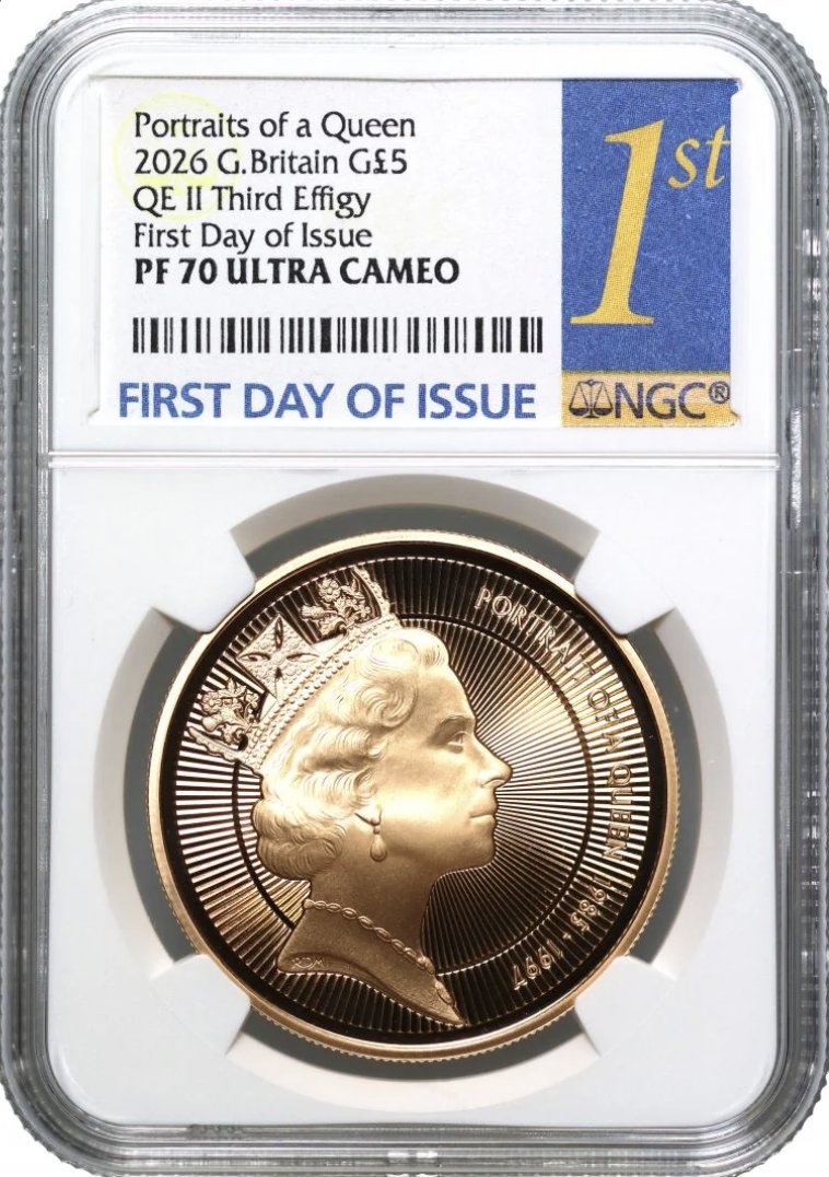 イギリス2026年ミドルエリザベス5ポンド金貨NGC PF70UCAM 初日発行の画像