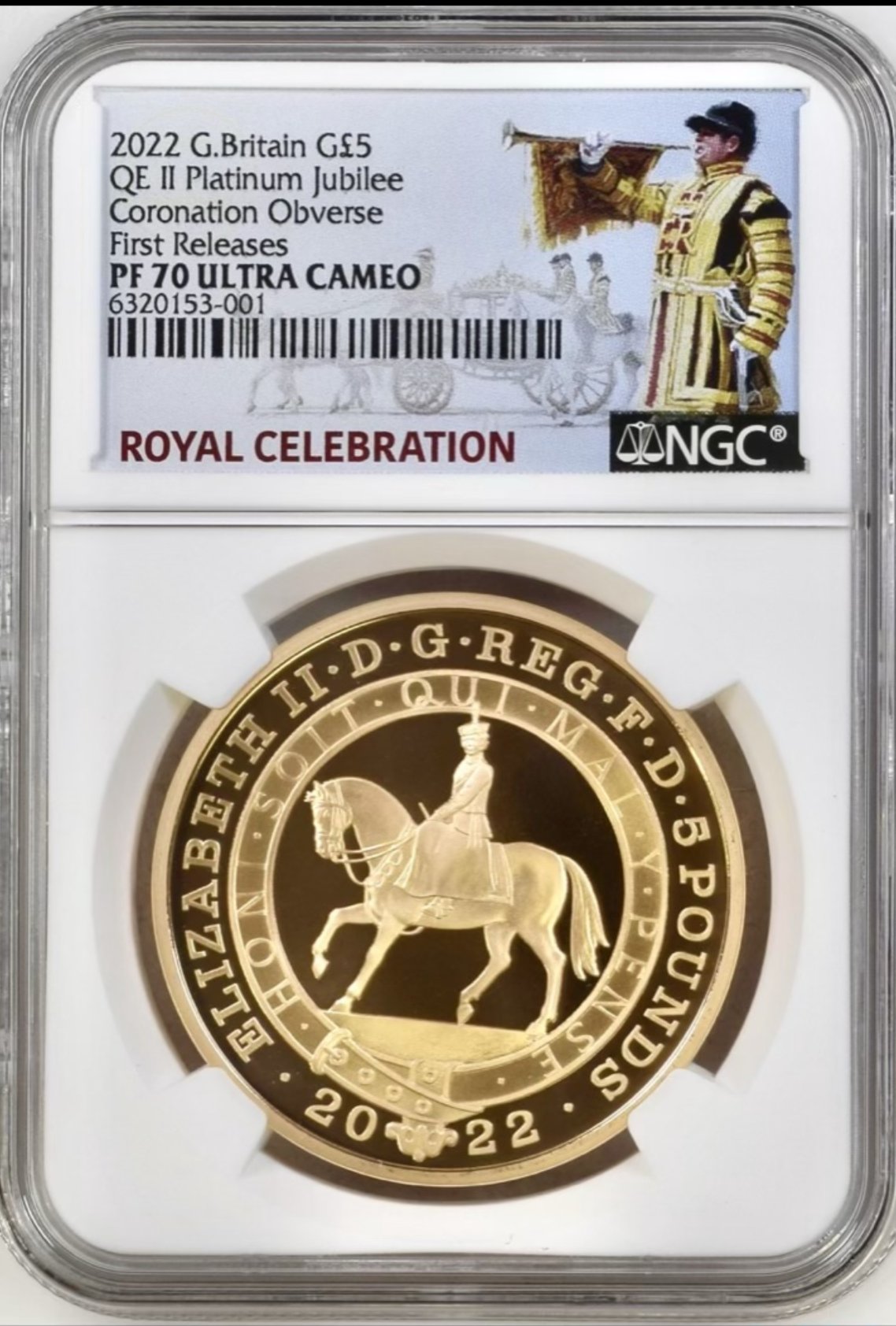 イギリス2022年プラチナジュビリー5ポンド金貨 PCGSP F70 UCAMの画像