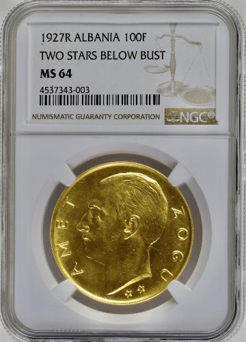アルバニア1927年100フランガ金貨 2スターNGC MS64の画像