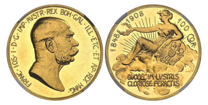 オーストリア1908年100コロナ金貨NGC PF61CAM 雲上の女神の画像