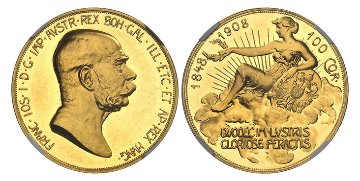 オーストリア1908年100コロナ金貨NGC PF61CAM 雲上の女神の画像