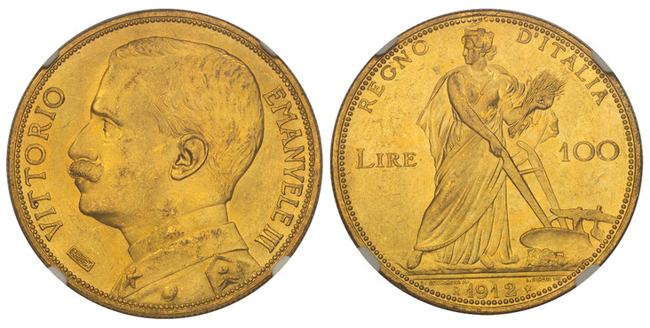 イタリア1912年100リレ金貨豊穣の女神 NGC MS62±の画像
