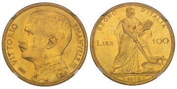 イタリア1912年100リレ金貨豊穣の女神 NGC MS62±の画像