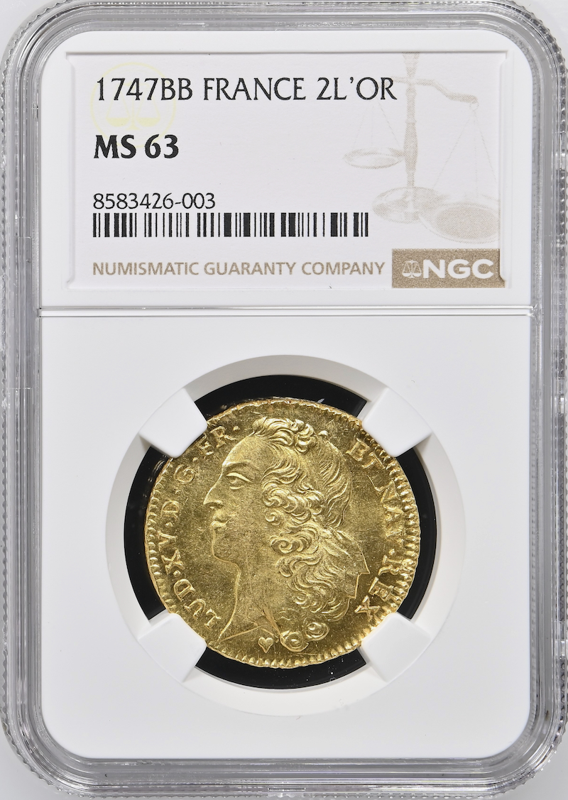 フランス1747年ルイ15世2ルイドール金貨NGC MS63 最高鑑定の画像