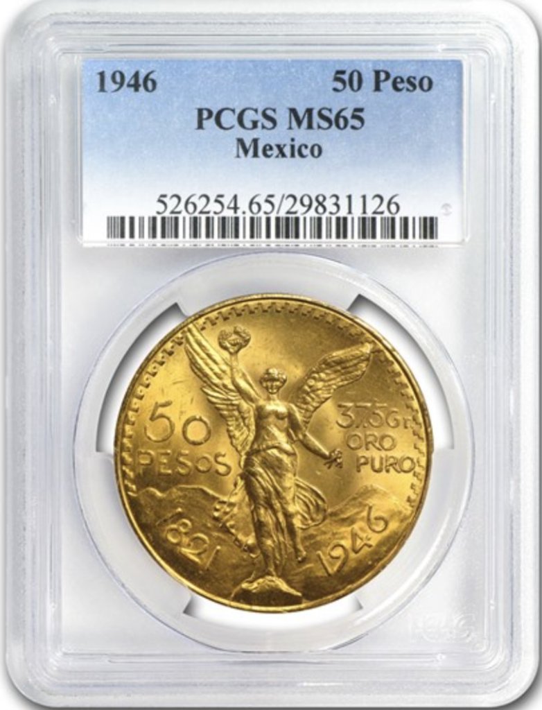 メキシコ1946年50ペソ金貨PCGS MS65の画像