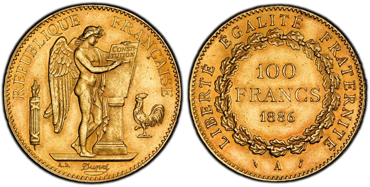 フランス1886年エンジェル100フラン金貨PCGS MS63の画像