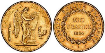 フランス1886年エンジェル100フラン金貨PCGS MS63の画像