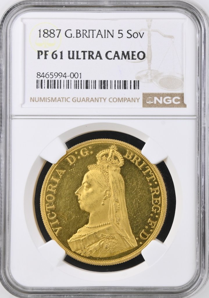 イギリス1887年ヴィクトリアジュビリー5ポンド金貨NGC PF61 UCAMの画像