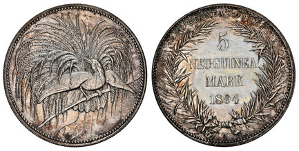ドイツニューギニア1894年極楽鳥5マルク銀貨 NGC PF63の画像