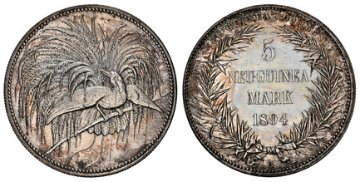 ドイツニューギニア1894年極楽鳥5マルク銀貨 NGC PF63の画像