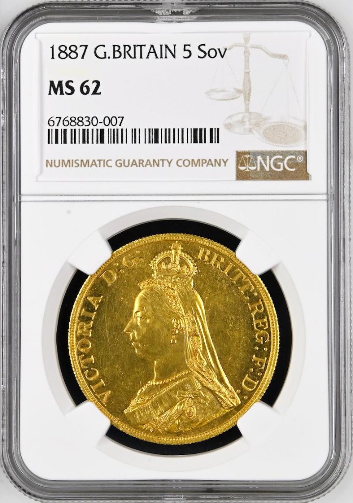 イギリス1887年ヴィクトリア5ポンド金貨NGC MS62の画像