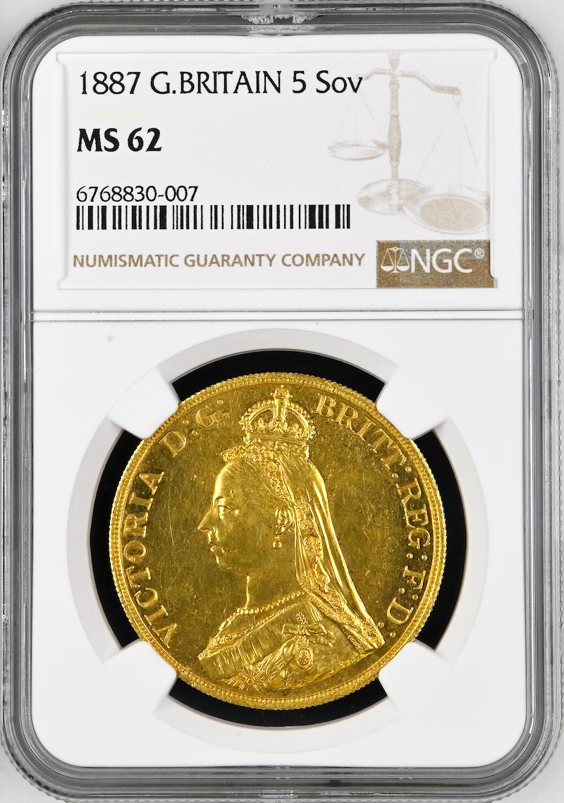 イギリス1887年ヴィクトリア5ポンド金貨NGC MS62の画像