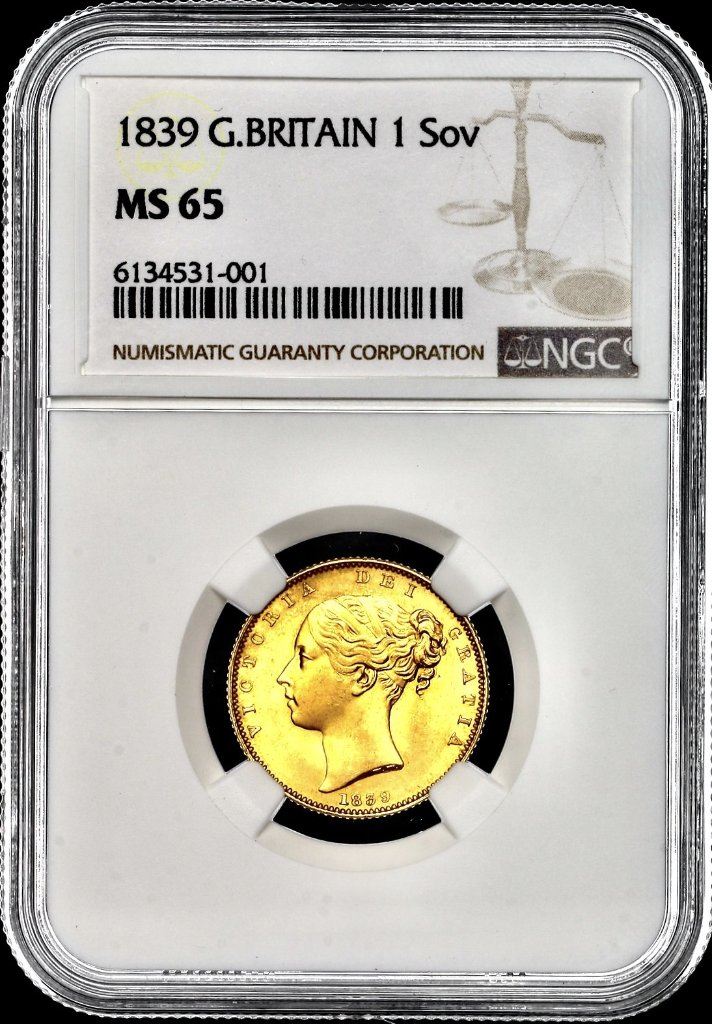 イギリス1839年ヴィクトリアソブリン金貨NGC MS65 最高鑑定の画像