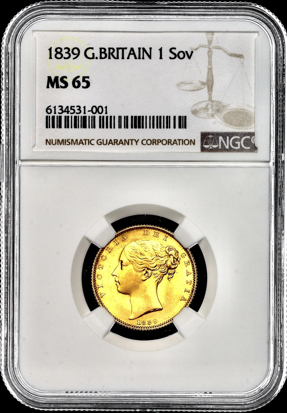 イギリス1839年ヴィクトリアソブリン金貨NGC MS65 最高鑑定の画像