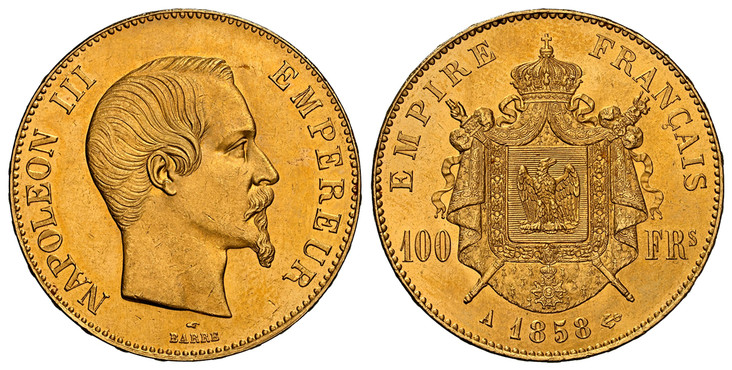 フランス1858年ナポレオン100フラン金貨NGC MS64＋の画像
