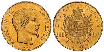 フランス1858年ナポレオン100フラン金貨NGC MS64＋の画像