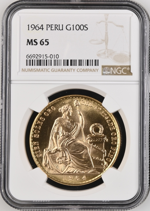 ペルー1964年100ソル金貨 NGC MS65の画像