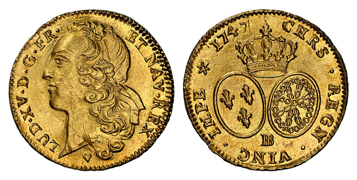 フランス1747年ルイ15世2ルイドール金貨 NGC MS63 最高鑑定の画像