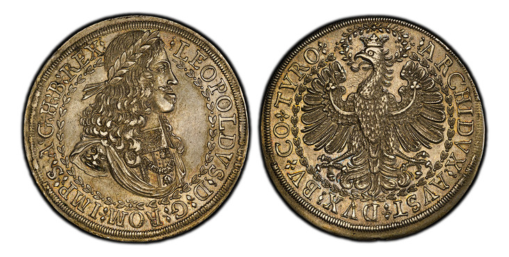 オーストリア1680年レオポルト1世2ターラー銀貨PCGS MS62の画像