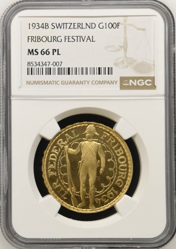 スイス1934年100フラン金貨 NGC MS66PLの画像